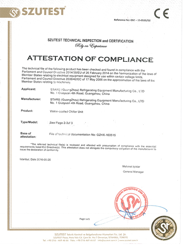 certificat de la CE refroidisseurs d'eau